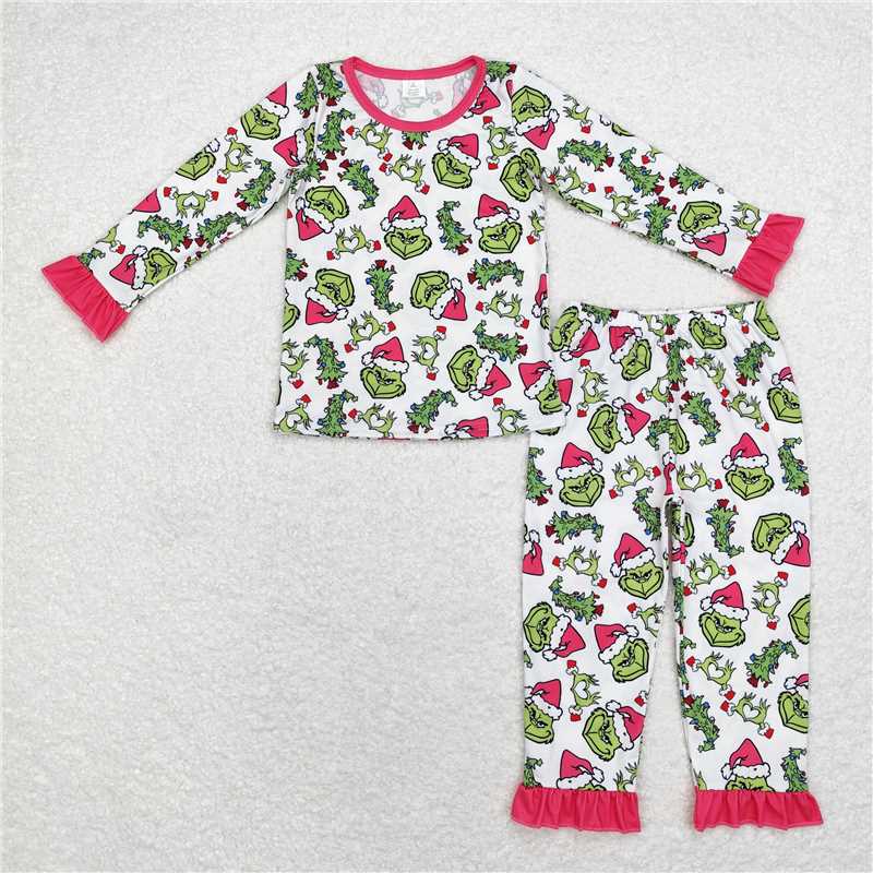 RTS NO MOQ Green furry monster wearing a Christmas hat rose pink lace mixed set