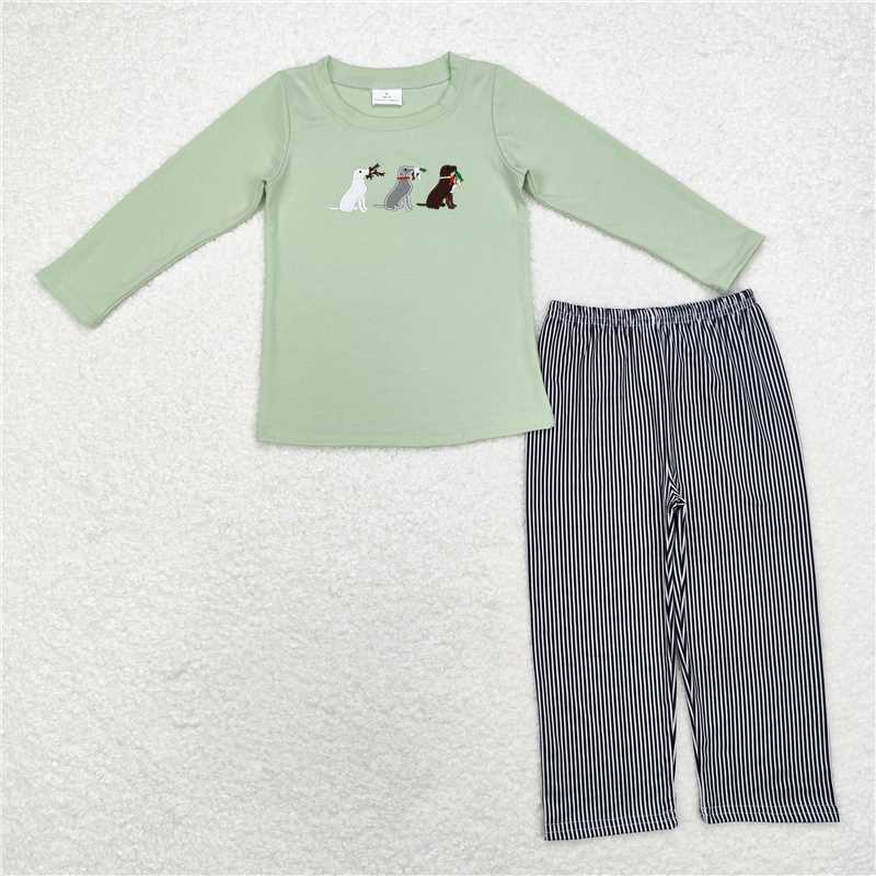 RTS NO MOQ LR1496 BLP0741 Three Puppies Pattern Light Green Long Sleeve Suit & Crawling Suit