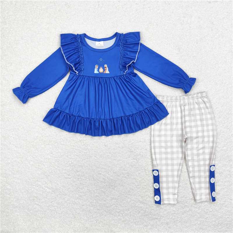 RTS NO MOQ GLP1597 LR1473 Nativity pattern sapphire blue pleated long sleeve suit & romper