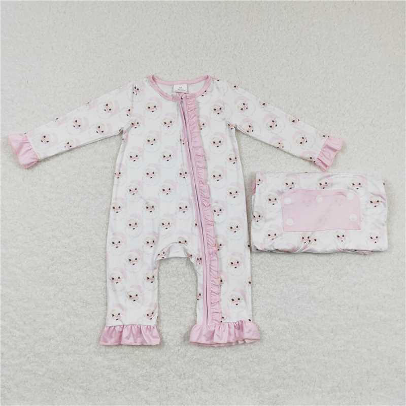 RTS NO MOQ Pink Santa Claus Printed Pattern Ruffled Cuffs White Long Sleeve Suit & Long Zipper Romper & Adult Pants