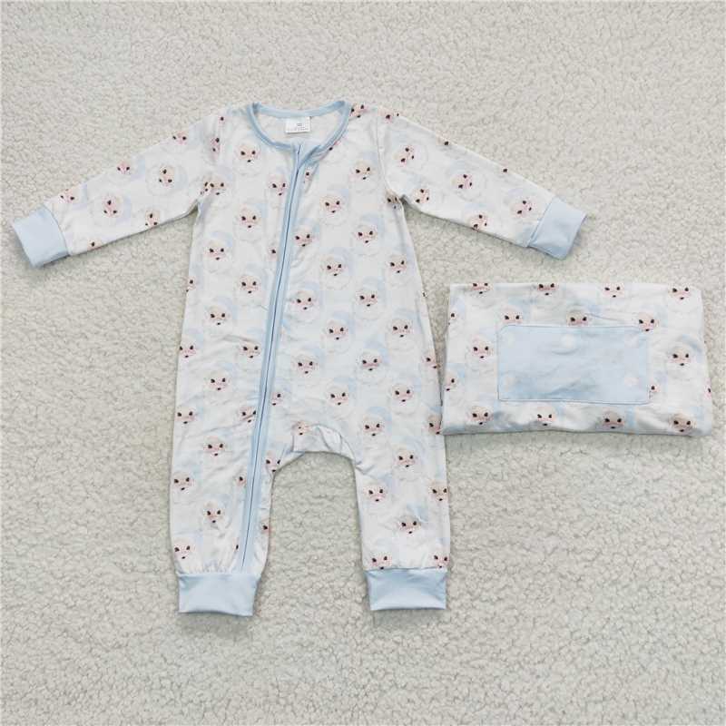 RTS NO MOQ Sky blue Santa Claus print white long-sleeved suit & long zip-up romper & adult trousers