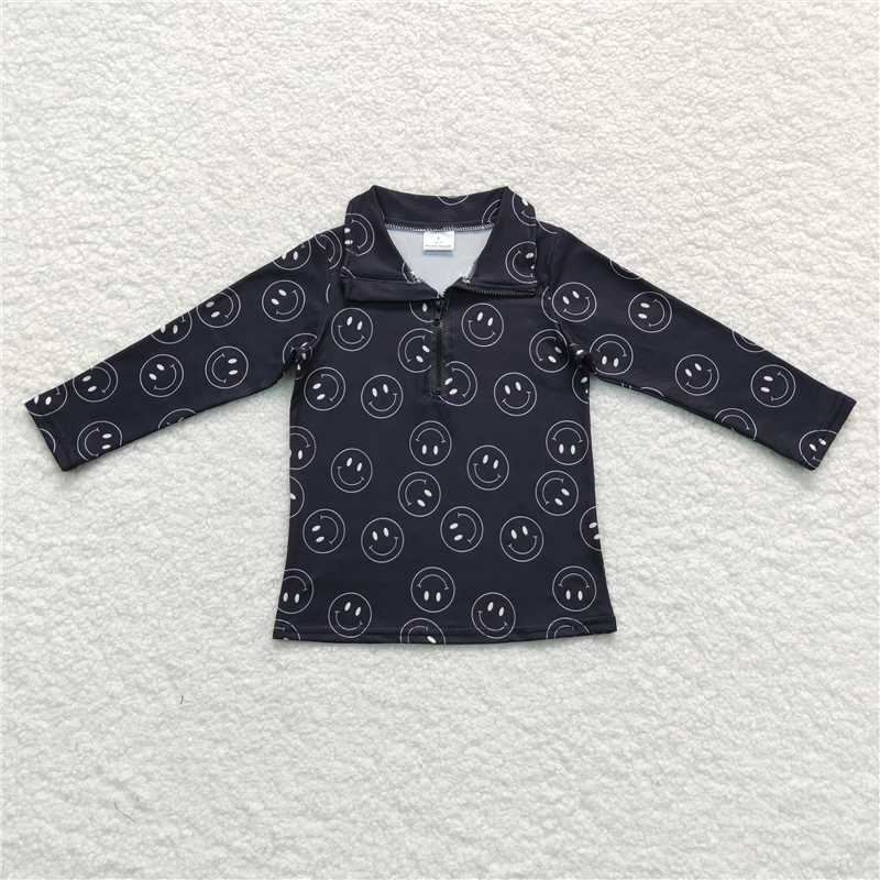 RTS NO MOQ Boys Tops Black and Green Plaid Zipper Long Sleeve Top