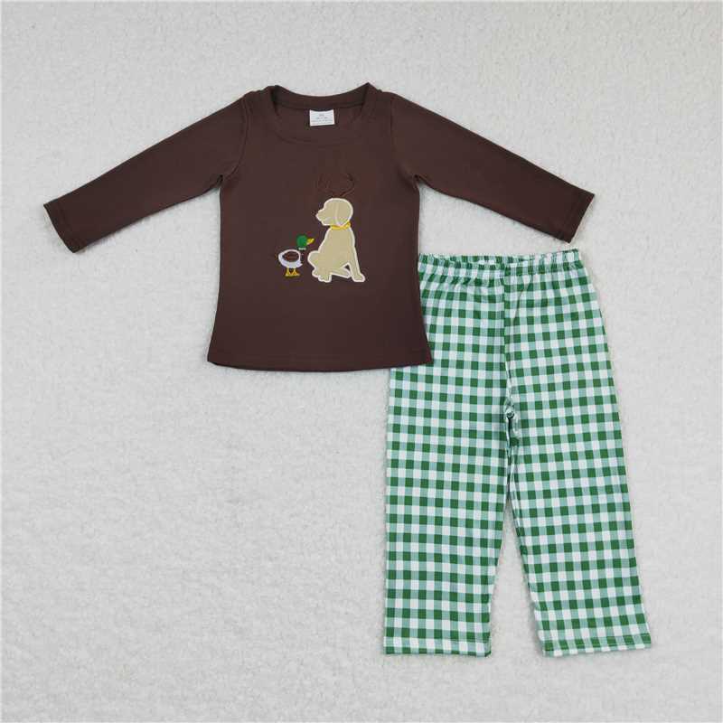 RTS NO MOQ Embroidered Puppy and Duck Brown & Green Plaid Button Pullover & Long Sleeve Set & Crawling Suit