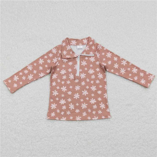 GT0363 Pink floral light brown zippered long-sleeved top
