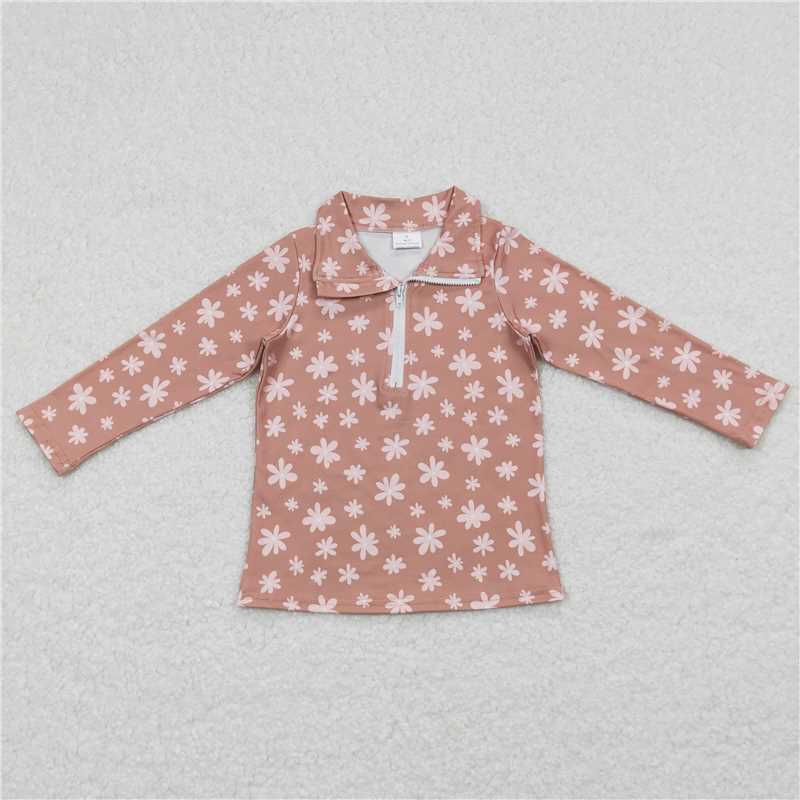 GT0363 Pink floral light brown zippered long-sleeved top