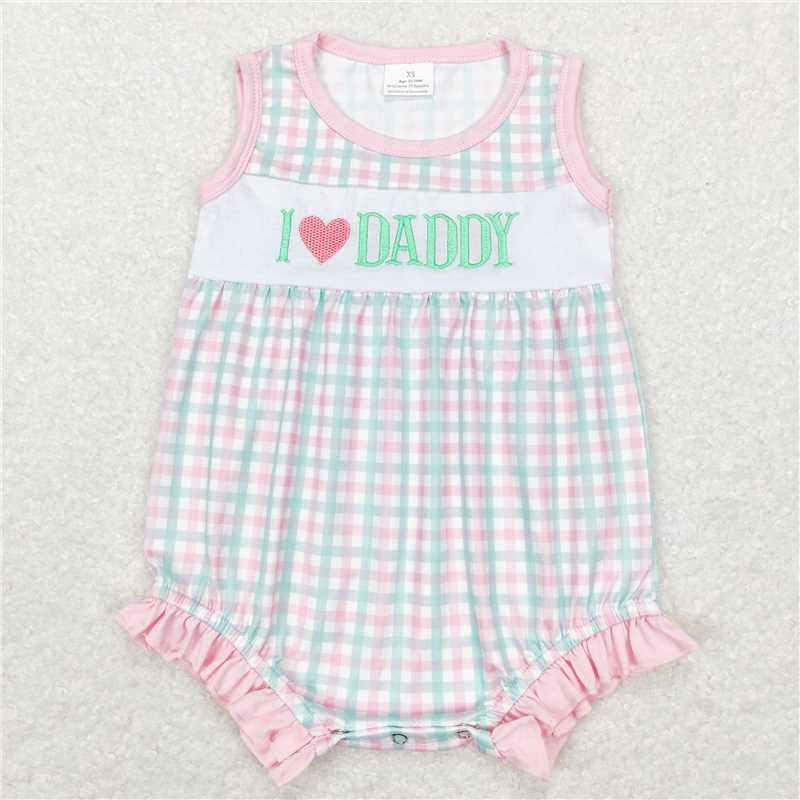 I love daddy Embroidery letters blue green plaid Sibling Sister Clothes Sets