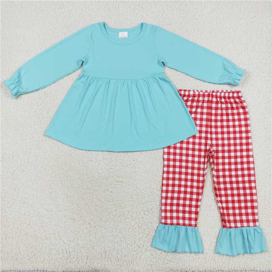 RTS SALES NO MOQ G2-15-1’, Sky blue top and red and white plaid trousers set