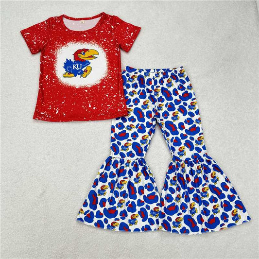 RTS SALES NO MOQ G2-15-2.. Bird red short-sleeved shirt and blue leopard print trousers