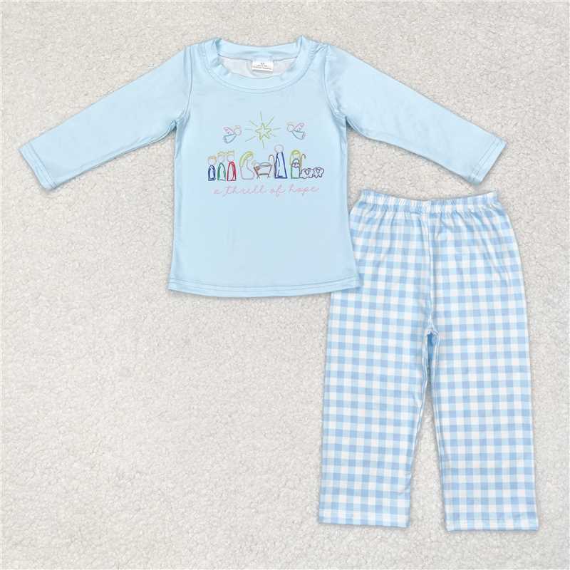 RTS NO MOQ  BT0775 BLP0504 Sky blue long-sleeved suit & long-sleeved top with colorful letter pattern