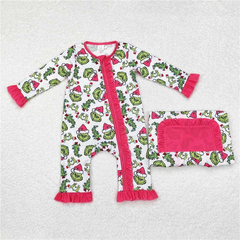 RTS NO MOQ Green furry monster wearing a Christmas hat rose pink lace mixed set