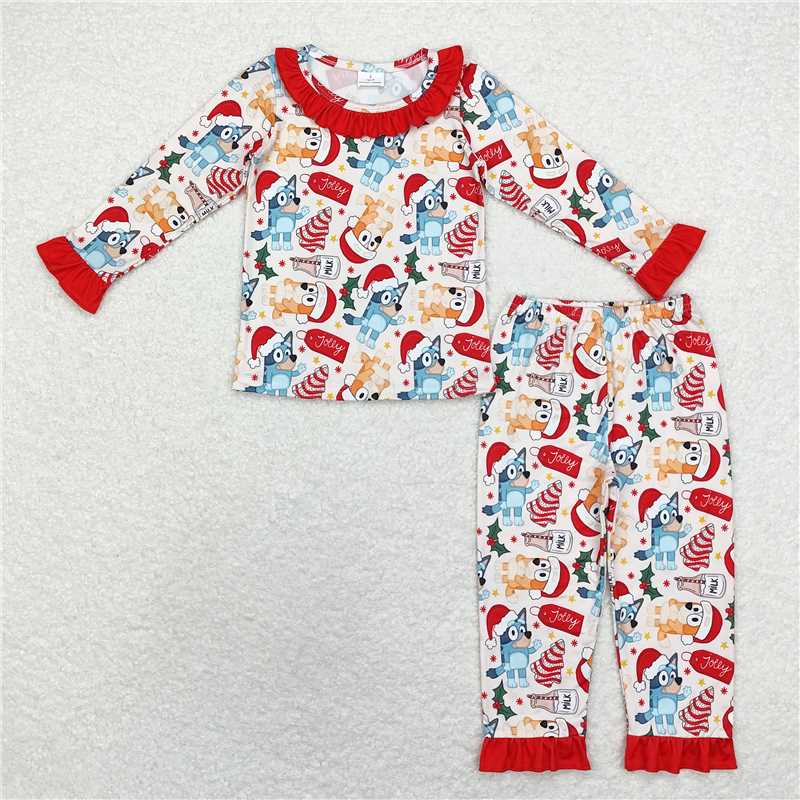 RTS NO MOQ BLP0821 GLP1752  Red Wooden Striped Christmas Tree - Puppy Pattern Boys Girls Long Sleeve Outfit