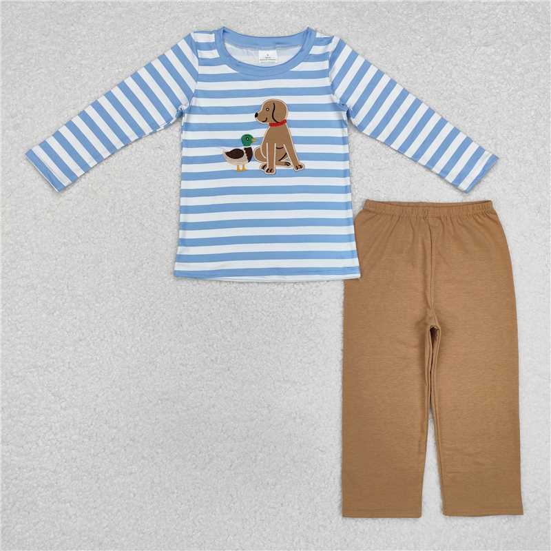 RTS NO MOQ BLP0805 LR1644 LR0994  Embroidered Puppy-Duck Blue Striped Long Sleeve Suit & Long Cremper