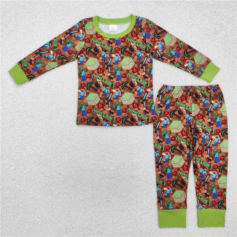 RTS NO MOQ BLP1024+BSSO0078 Baby boy game green top pants pajamas set and short-sleeved shorts set