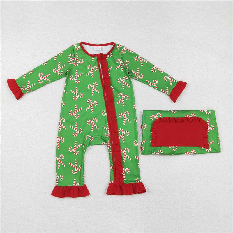RTS NO MOQ Sibling baby girl boy clothes modal Green long-sleeved suit with red striped cane pattern & rompers