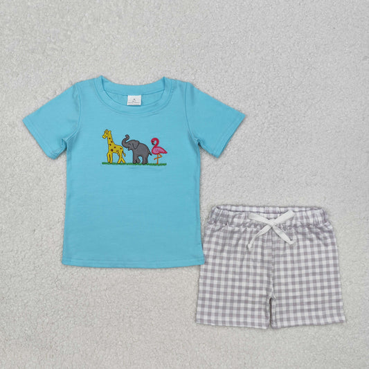 RTS NO MOQ ETA 5/7days Arrived BSSO1019 Embroidered giraffe elephant bird animal blue short sleeve gray plaid shorts suit