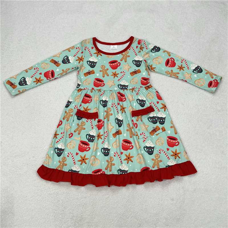 G6-1-4.. Gingerbread tea cup ice cream pocket long sleeve dress