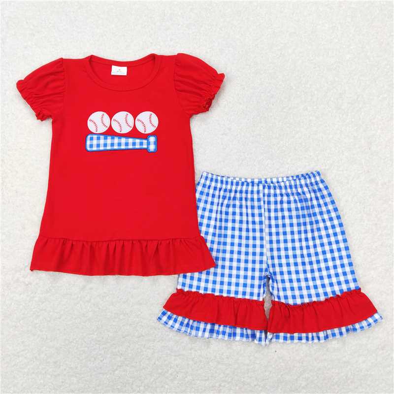 RTS Embroidery Baseball Red Short Sleeve Blue Plaid Shorts Set