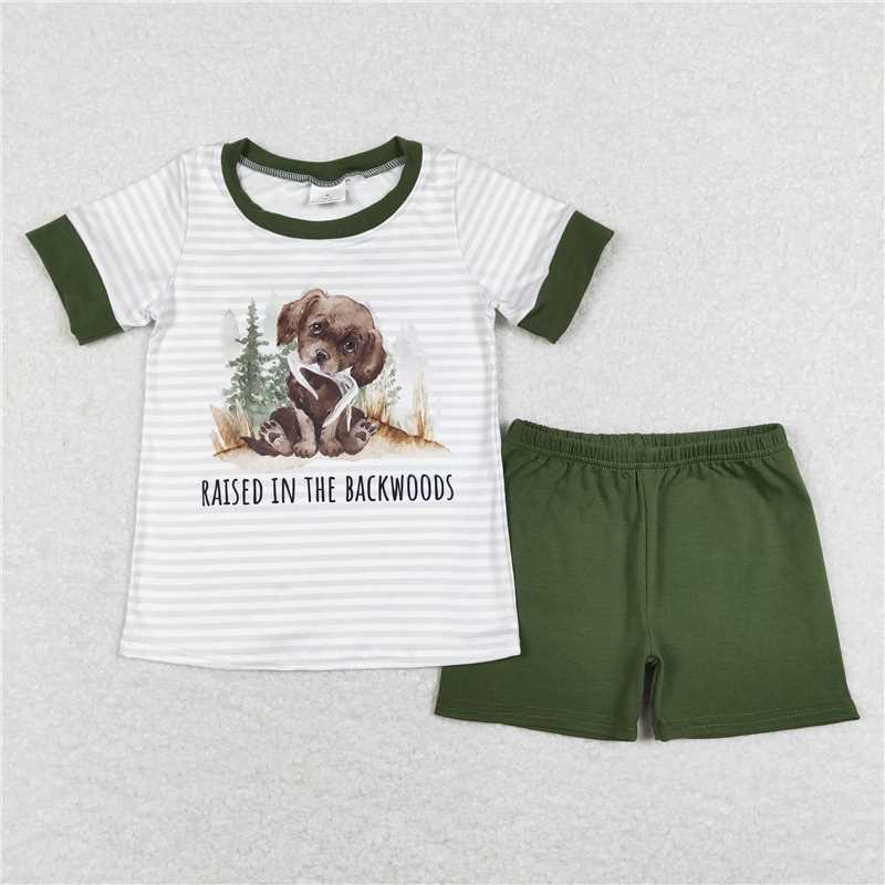 RTS raised in the backwoods  Puppy stripes short sets   raised in the backwoods puppy stripes short sleeve green