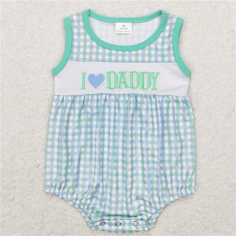 I love daddy Embroidery letters blue green plaid Sibling Sister Clothes Sets