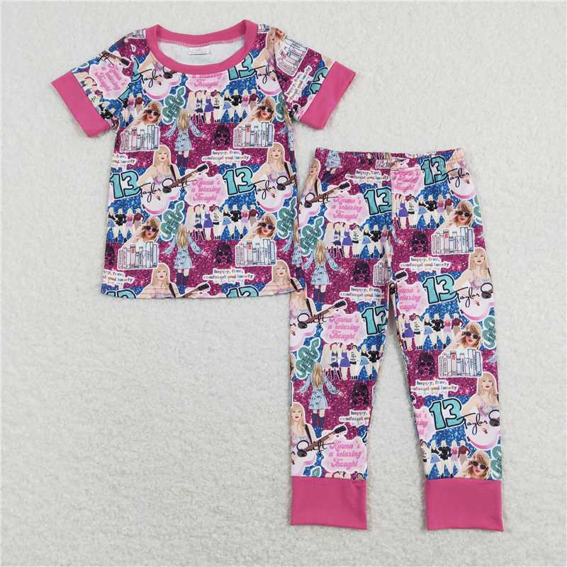 RTS NO MOQ Baby Girls European and American female singer musical instrument print pattern short-sleeved trousers suit