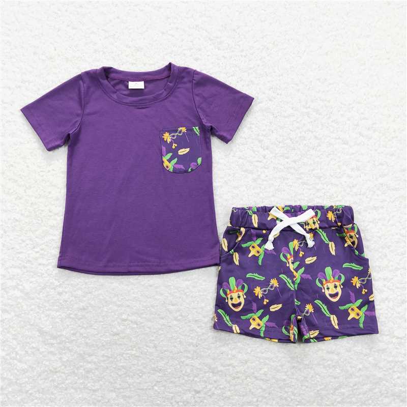 RTS NO MOQ GSSO0444 BSSO0467 BSSO0311 BSSO0410 Baby Girls and Boys Masked Party Purple Short Sleeve Shorts Set