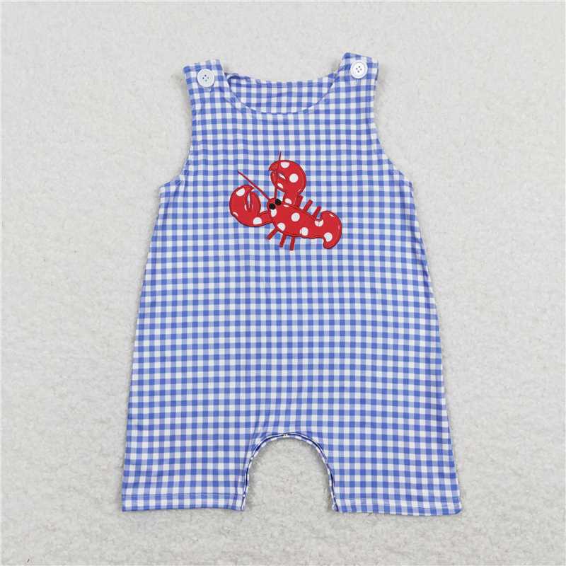 rtsSR0820 Embroidered polka dot crayfish blue and white plaid sleeveless jumpsuit