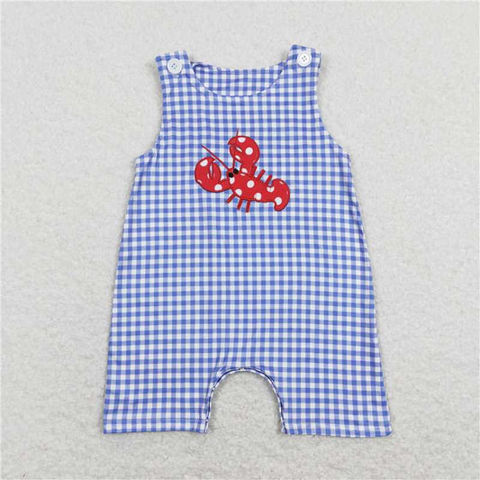 rtsSR0820 Embroidered polka dot crayfish blue and white plaid sleeveless jumpsuit