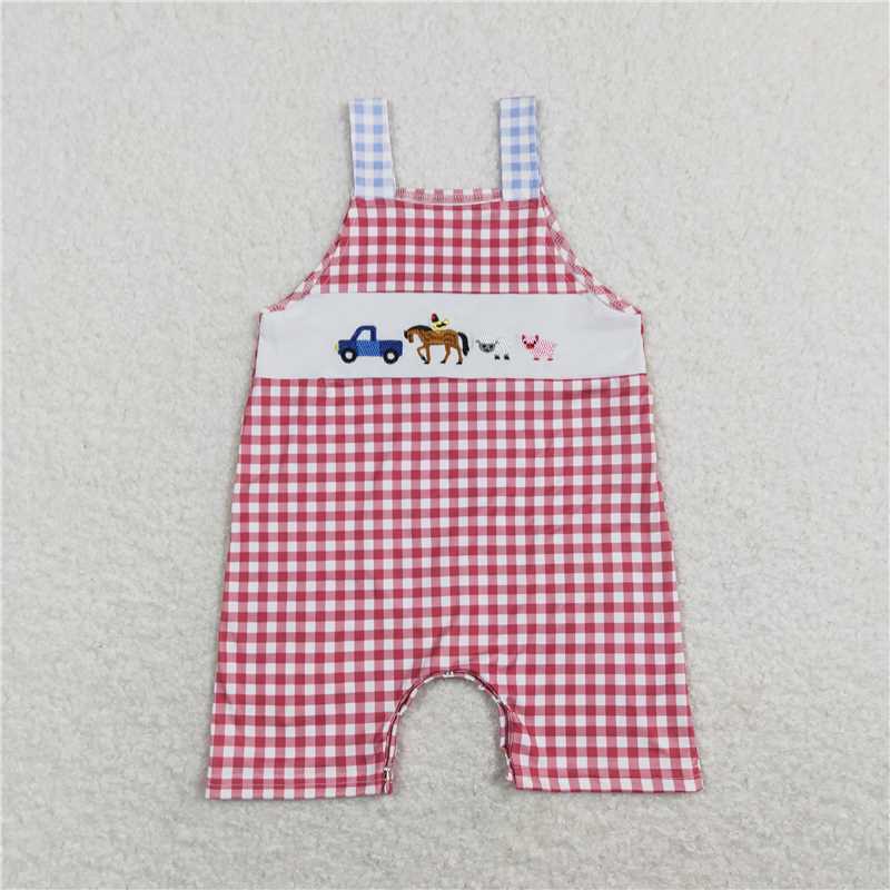 rtsSR0632 Embroidered Truck Farm Animals Red Plaid Suspender Bodysuit 3