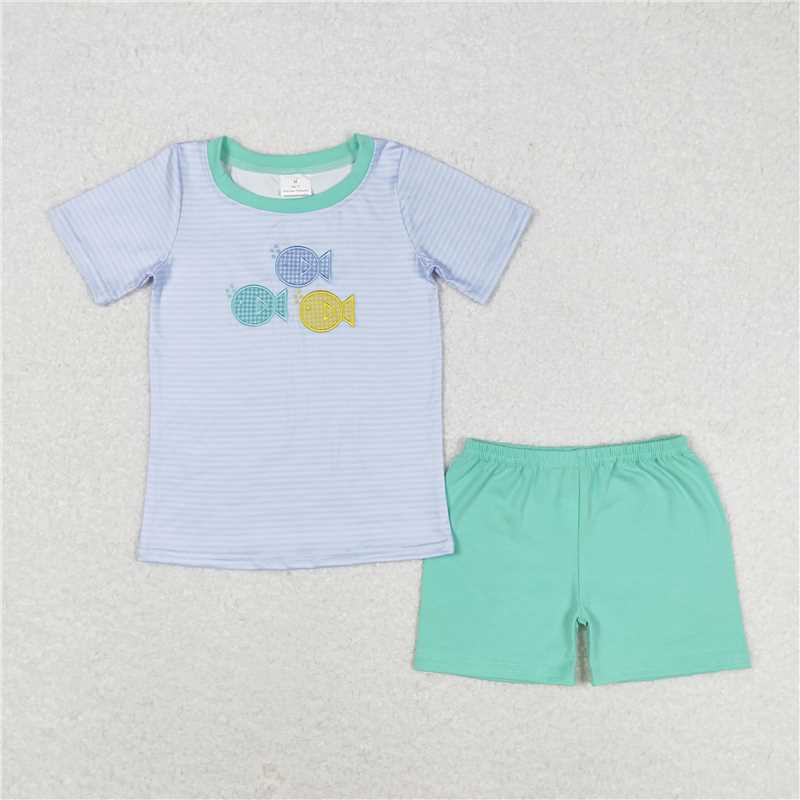 RTS NO MOQ Girls clothes embroidery fish short sleeve Clothes Sets romper