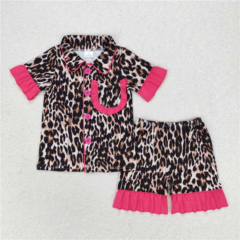 RTS NO MOQ Adult Girls leopard Short Sleeve Shorts Pajama Set & kids shorts sets