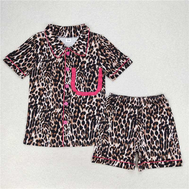 RTS NO MOQ GSSO1122 GSSO1283 Adult Girls Button Cardigan Short Sleeve Shorts Pajama Set: Leopard & Geometric Stripes