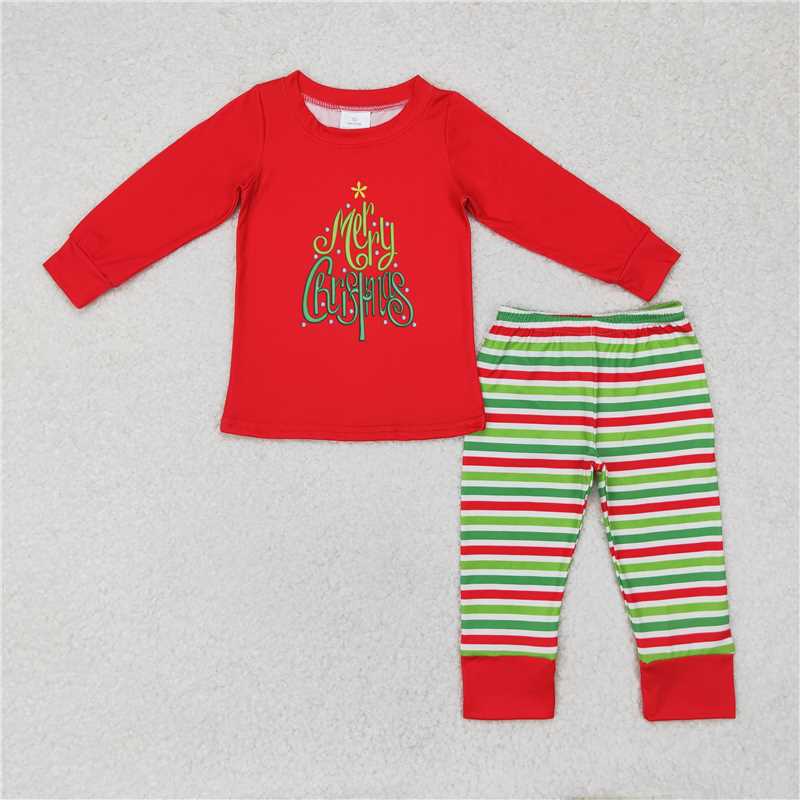 RTS NO MOQ merry christmas lace long sleeve red and green striped trousers pajama set