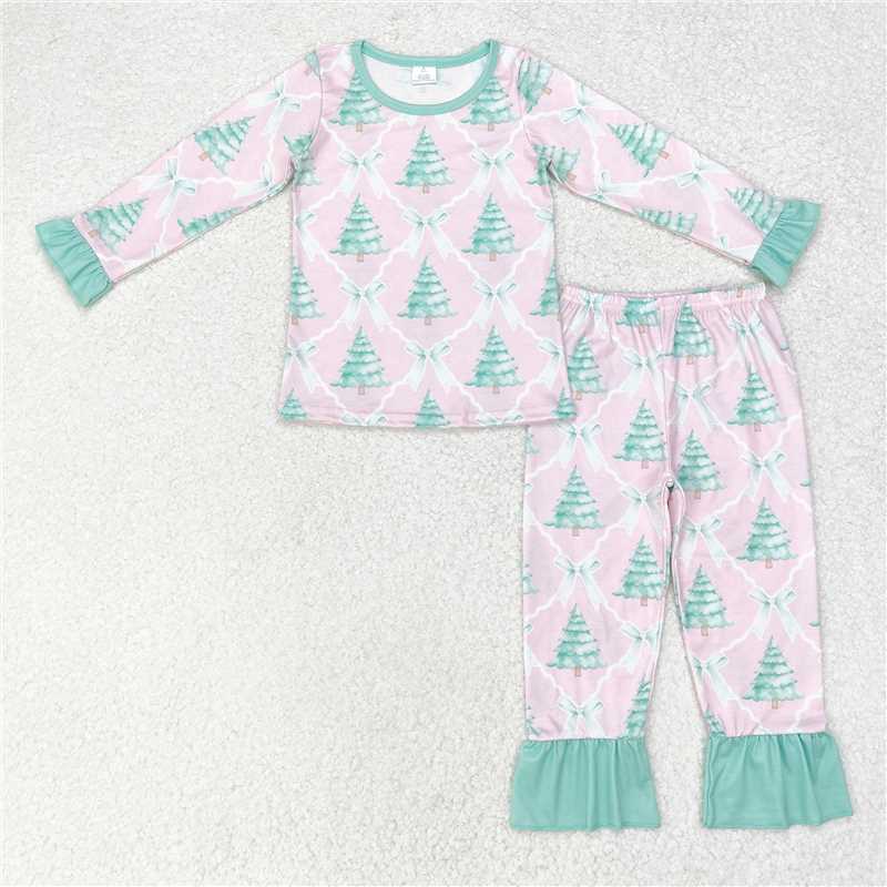 RTS NO MOQ 50%cotton +45%bamboo +5%spandex LR1073 Modal Christmas tree bow with green lace and pink