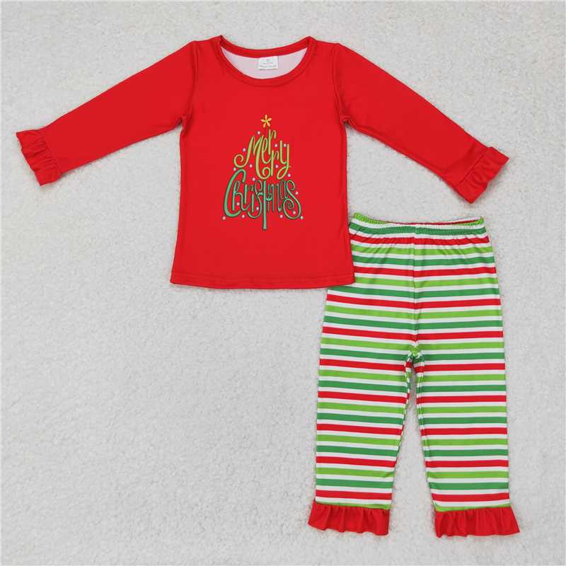 RTS NO MOQ merry christmas lace long sleeve red and green striped trousers pajama set