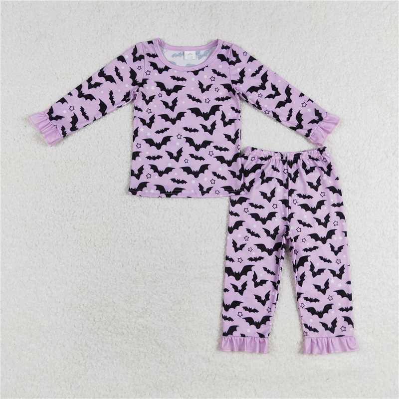 RTS NO MOQ GLP1268 Modal Halloween bat purple lace long-sleeved trousers pajamas set bamboo fabric