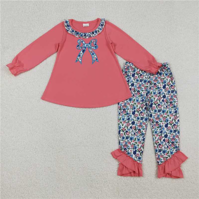 RTS NO MOQ baby girl clothes embroidery bow long sleeve pants Clothes Sets and dress