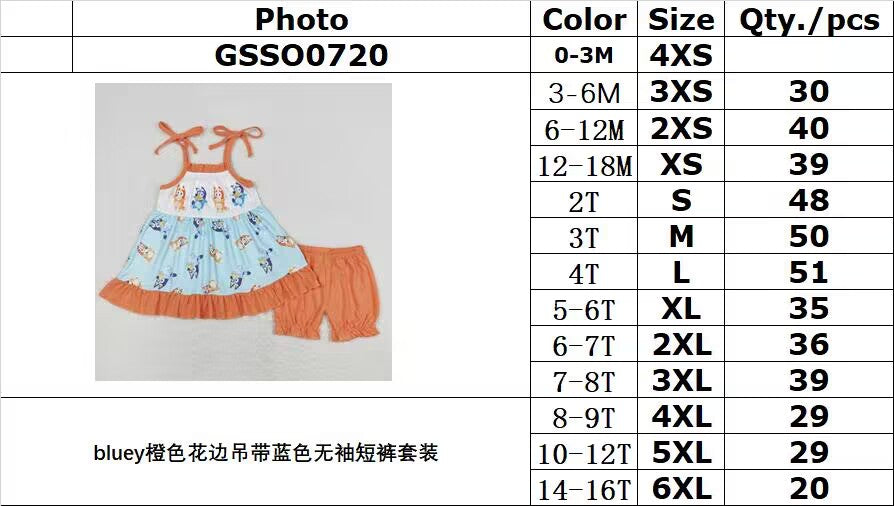 GSSO0720 bluey orange lace suspenders blue sleeveless shorts suit