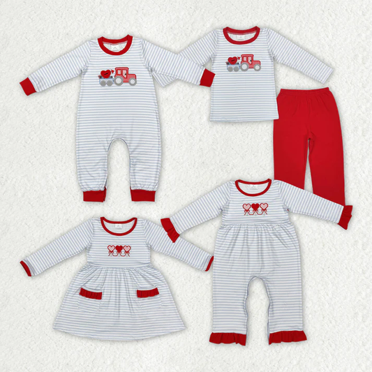 RTS NO MOQ Baby Girls and Boys Embroidered Valentine's Day Hearts Light Blue Striped Mixed Set