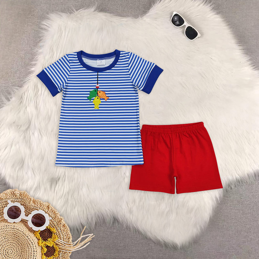 Baby Boys Blue Stripes Sibling Embroidery Summer Clothes Sets