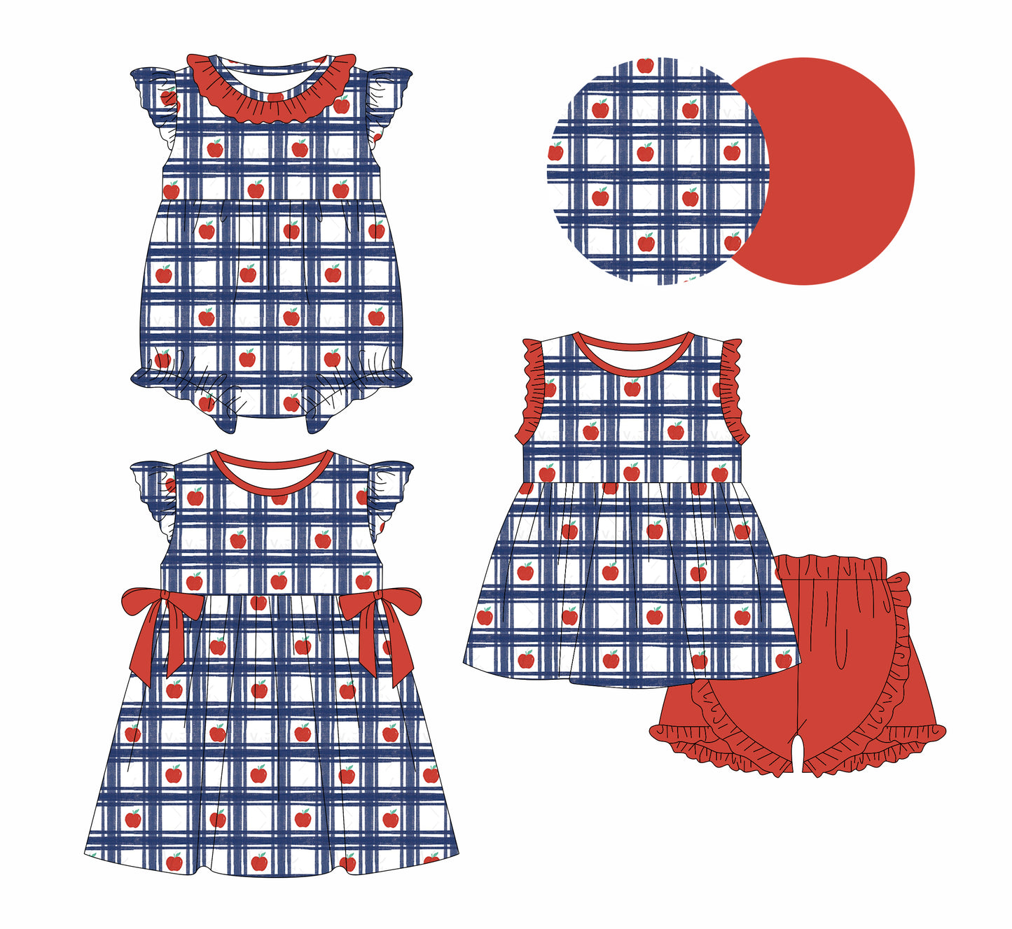 1.6 custom each style moq 5eta 4-6week Sibling Sister apple baby girl short sleeve shorts sets and dress and rompers match family design