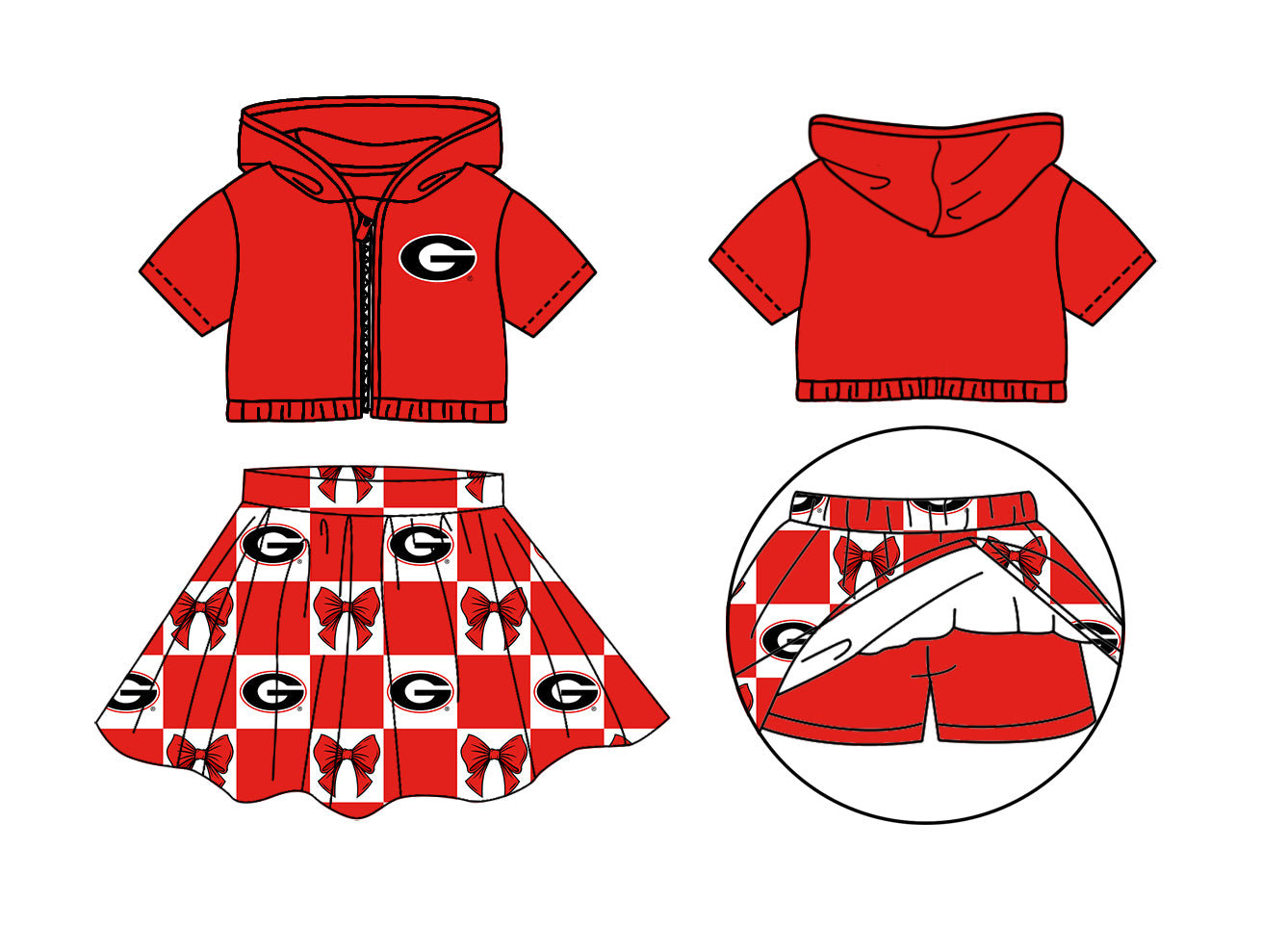 Custom moq 3 or 5 mix size milk silk summer teams baby girl clothes bow red zipper hooded short sleeve shorts skirts sets-26.1.17