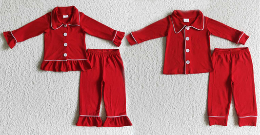 Baby Girls boys Christmas style solid red buttoned pajama set Family siblings set