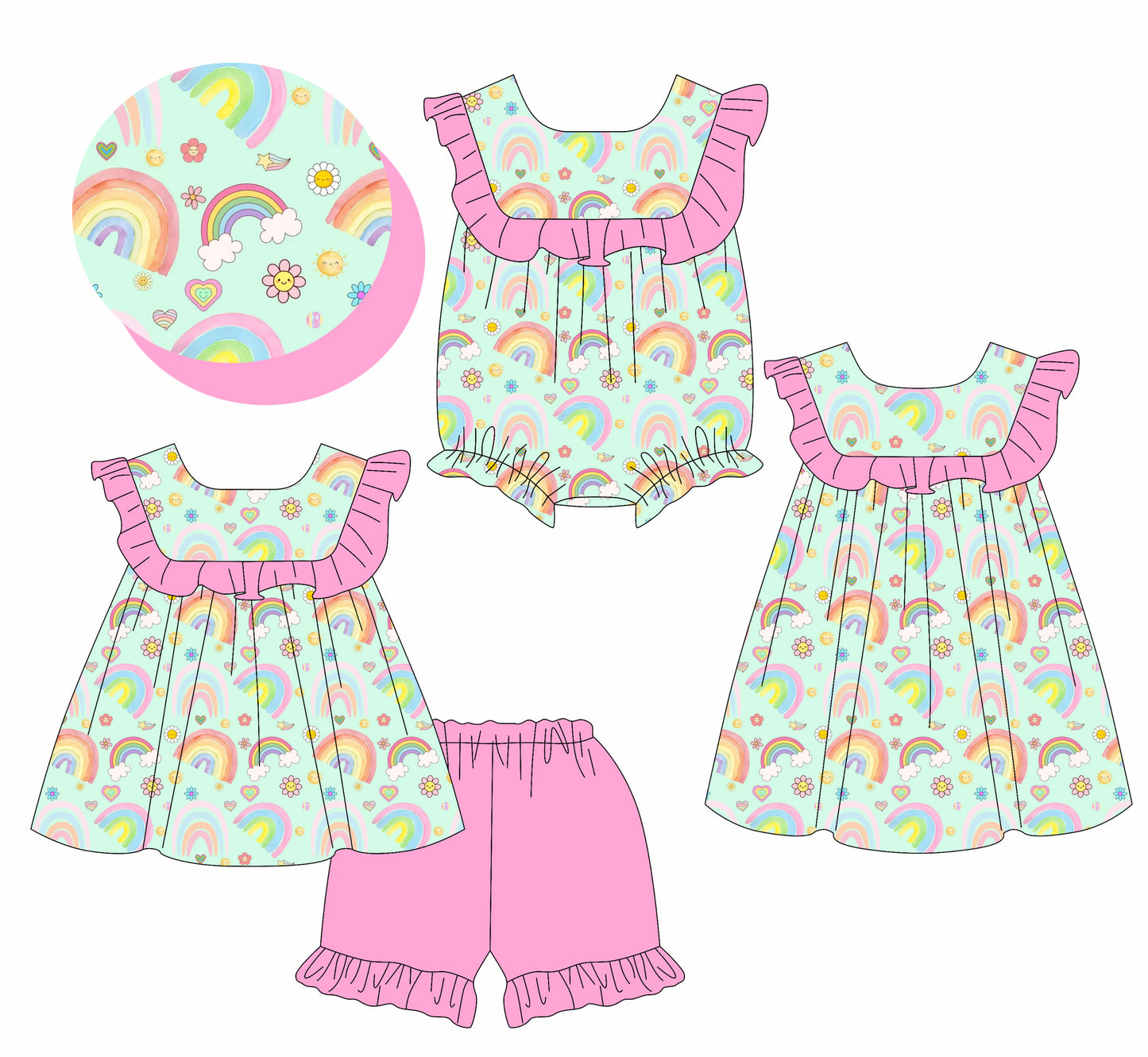 25.11.28 custom each style moq 5 eta 6-8week Sibling Sister rainbow floral baby short sleeve shorts sets and romper and dress match design