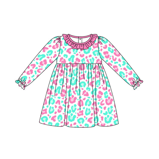 6.17 custom each style moq 5eta 4-6week baby girls clothes pink leopard long sleeve girls dress