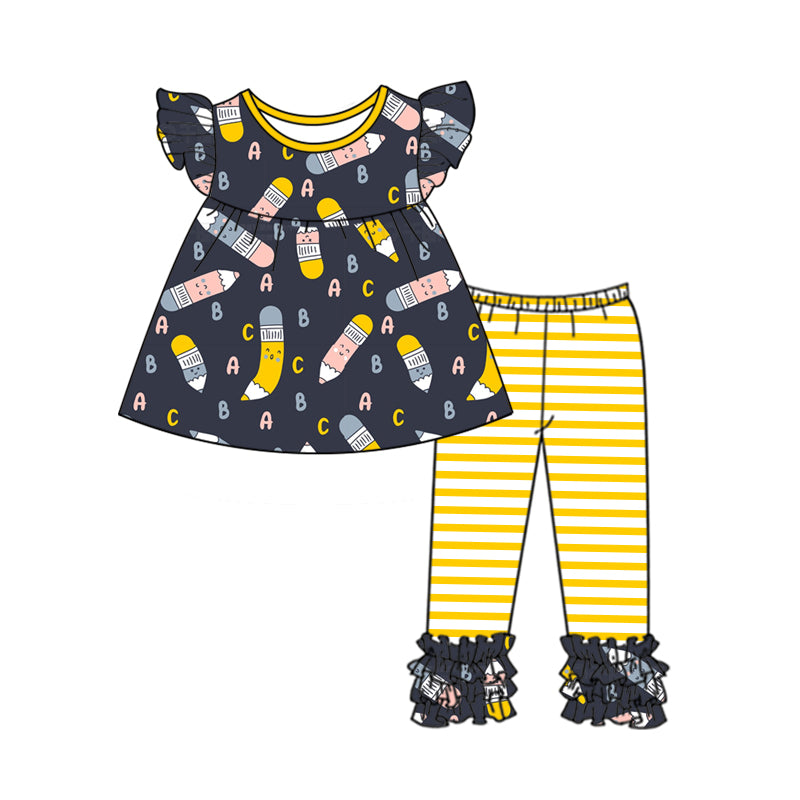 5.12custom each style moq 5eta 4-5week Sibling Sister school style pencil prints yellow plaid blue girls outfits match family design