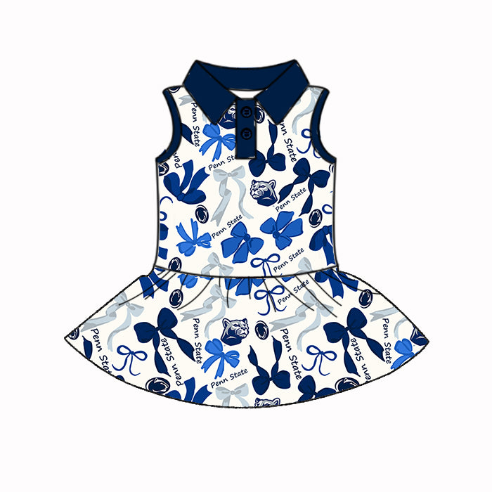 Custom moq 5 mix sizes summer teams baby girls clothes team blue short sleeve skirts shorts sets dress 1 and dress 2-25.5.10