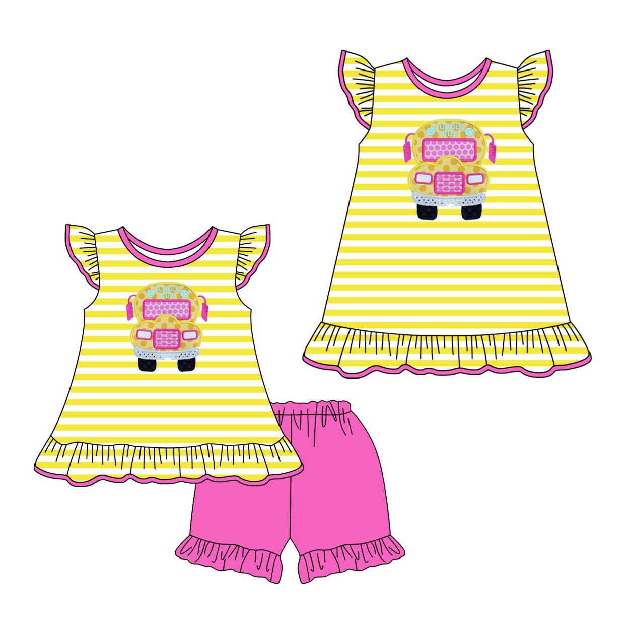 2.7 custom each style moq 5eta 4-6week Sibling Sister bus baby girl short sleeve shorts sets and dresses match design