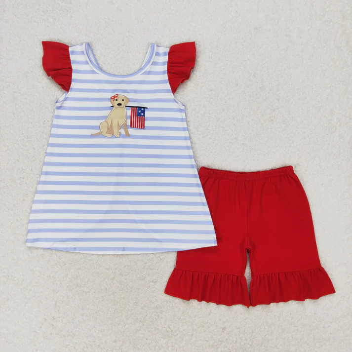 RTS NO MOQ  Baby Girls 4th Of July Dog Flag Sibling Rompers Clothing Sets embroidery