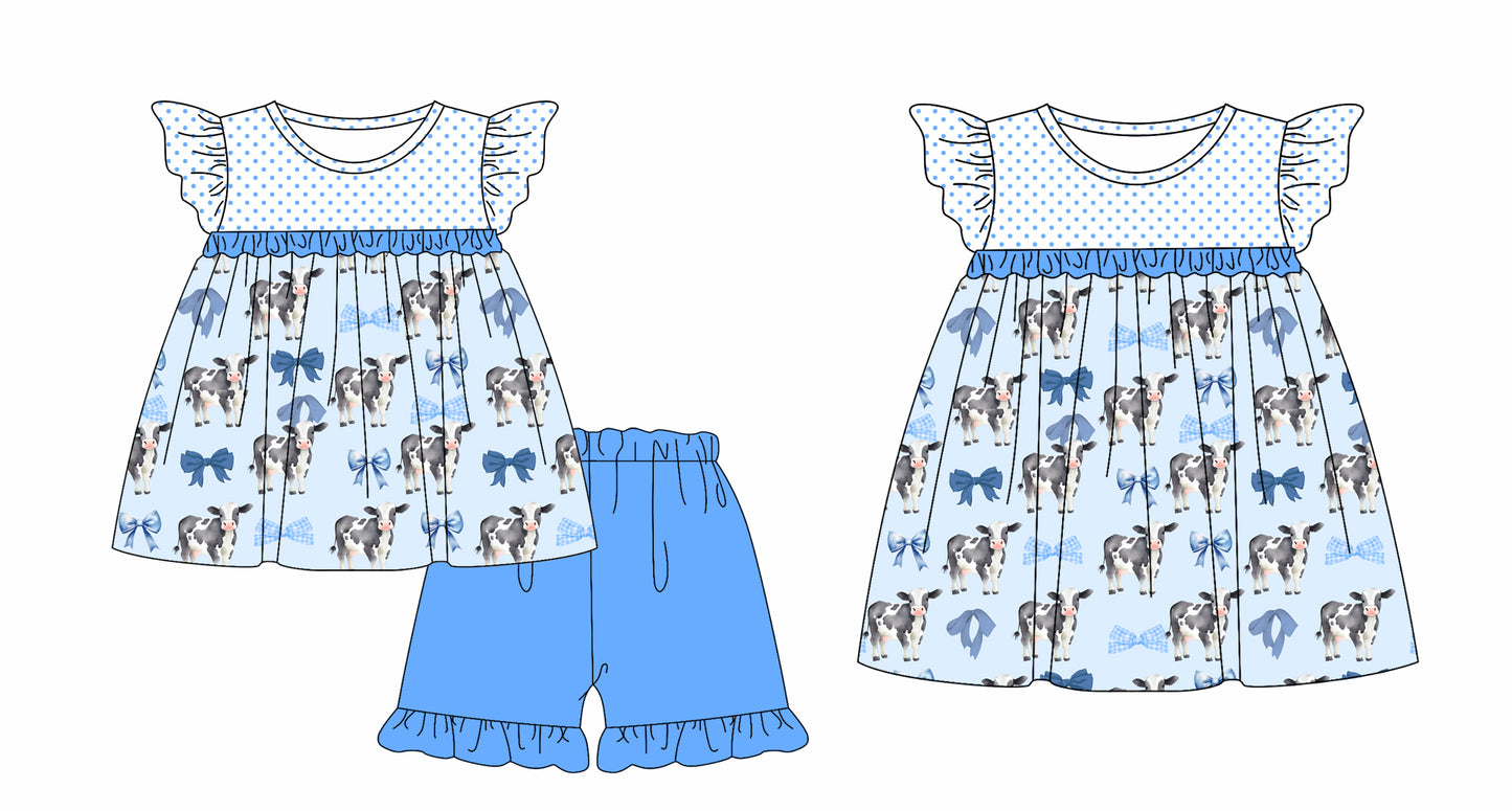 1.3 custom each style moq 5eta 4-6week Sibling Sister cow baby girl short sleeve shorts sets and dresses match design