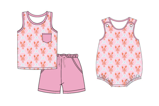 26.1.3 custom each style moq 5 eta 6-8week Sibling Sister lobster baby boy short sleeve shorts sets and romper match design